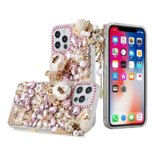 For iPhone 14/13 6.1 Full Diamond with Ornaments Case Cover - Ultimate Multi Ornament Pink