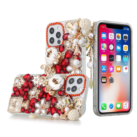 For iPhone 13 Pro Max Full Diamond with Ornaments Case Cover - Ultimate Multi Ornament Red