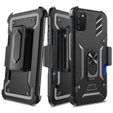 For Samsung Galaxy A03s 3in1 Combo Holster Invisible Card Holder Magnetic Ring Stand Hybrid Case Cover - Black