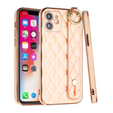 For iPhone 13 Pro Lavished Chromed Grid Design Thick TPU with Strap - Rose Gold