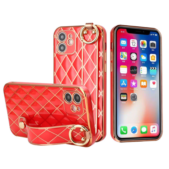 For iPhone 13 Pro Lavished Chromed Grid Design Thick TPU with Strap - Red
