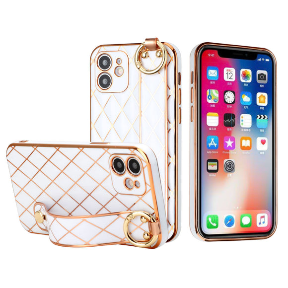 For iPhone 13 Pro Lavished Chromed Grid Design Thick TPU with Strap - White