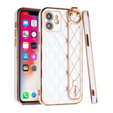 For iPhone 13 Pro Lavished Chromed Grid Design Thick TPU with Strap - White