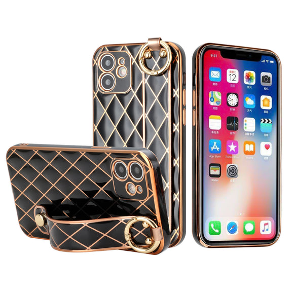 For Apple iPhone 11 (XI6.1) Lavished Chromed Grid Design Thick TPU with Strap - Black
