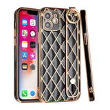 For iPhone 13 Pro Lavished Chromed Grid Design Thick TPU with Strap - Black