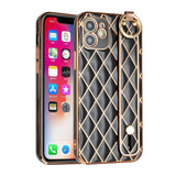 For iPhone 13 Pro Lavished Chromed Grid Design Thick TPU with Strap - Black