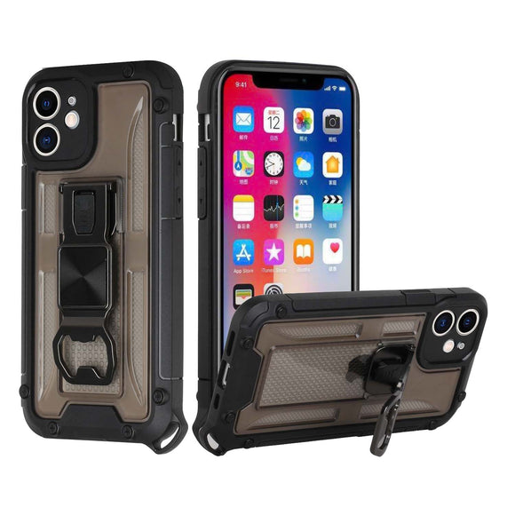 For Apple iPhone 11 (XI6.1) Opener Metal Magnetic Kickstand Hybrid Case Cover - Black