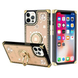For iPhone 13 Pro Max Passion Square Hearts Diamond Glitter Ornaments Engraving Case Cover - Good Luck Floral Gold
