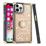 For iPhone 13 Pro Max Passion Square Hearts Diamond Glitter Ornaments Engraving Case Cover - Good Luck Floral Gold