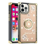 For iPhone 13 Pro Max Passion Square Hearts Diamond Glitter Ornaments Engraving Case Cover - Good Luck Floral Gold