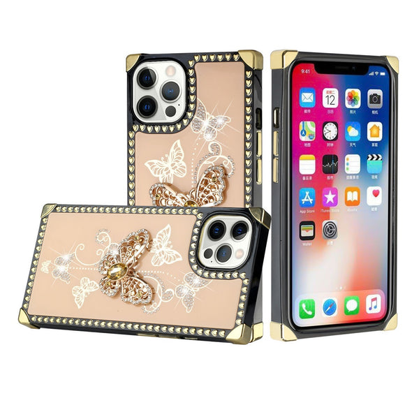 For iPhone 13 Pro Max Passion Square Hearts Diamond Glitter Ornaments Engraving Case Cover - Garden Butterflies Gold