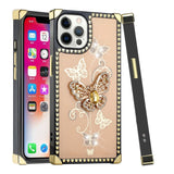 For iPhone 13 Pro Max Passion Square Hearts Diamond Glitter Ornaments Engraving Case Cover - Garden Butterflies Gold