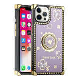 For iPhone 13 Pro Max Passion Square Hearts Diamond Glitter Ornaments Engraving Case Cover - Good Luck Floral Teal