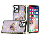 For iPhone 13 Pro Max Passion Square Hearts Diamond Glitter Ornaments Engraving Case Cover - Garden Butterflies Purple