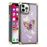 For iPhone 13 Pro Max Passion Square Hearts Diamond Glitter Ornaments Engraving Case Cover - Garden Butterflies Purple