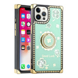 For iPhone 13 Pro Max Passion Square Hearts Diamond Glitter Ornaments Engraving Case Cover - Good Luck Floral Purple