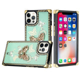 For iPhone 13 Pro Max Passion Square Hearts Diamond Glitter Ornaments Engraving Case Cover - Garden Butterflies Teal