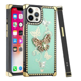 For iPhone 13 Pro Max Passion Square Hearts Diamond Glitter Ornaments Engraving Case Cover - Garden Butterflies Teal