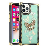 For iPhone 13 Pro Max Passion Square Hearts Diamond Glitter Ornaments Engraving Case Cover - Garden Butterflies Teal