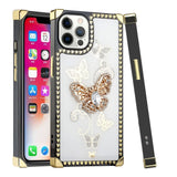 For iPhone 13 Pro Max Passion Square Hearts Diamond Glitter Ornaments Engraving Case Cover - Garden Butterflies White