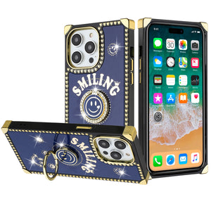 For Apple iPhone 14 PRO 6.1" Passion Square Hearts Smiling Diamond Ring Stand Case Cover - Blue