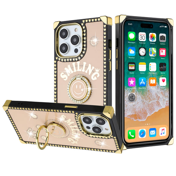 For iPhone 13 Pro Max Passion Square Hearts Smiling Diamond Ring Stand Case Cover - Gold