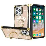 For Apple iPhone 11 (XI6.1) Passion Square Hearts Smiling Diamond Ring Stand Case Cover - Gold