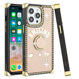 For Apple iPhone 14 PRO MAX 6.7" Passion Square Hearts Smiling Diamond Ring Stand Case Cover - Gold