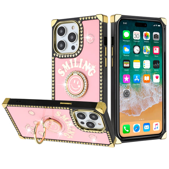 For iPhone 13 Pro Max Passion Square Hearts Smiling Diamond Ring Stand Case Cover - Pink