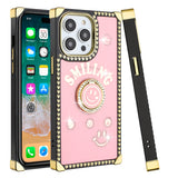 For iPhone 13 Pro Max Passion Square Hearts Smiling Diamond Ring Stand Case Cover - Pink