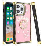 For Apple iPhone 11 (XI6.1) Passion Square Hearts Smiling Diamond Ring Stand Case Cover - Pink