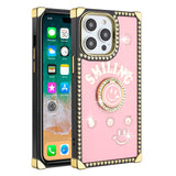 For iPhone 13 Pro Max Passion Square Hearts Smiling Diamond Ring Stand Case Cover - Pink