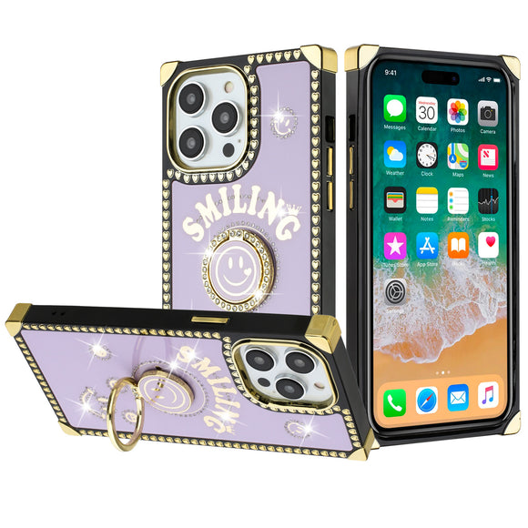For iPhone 13 Pro Max Passion Square Hearts Smiling Diamond Ring Stand Case Cover - Purple