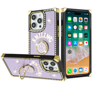 For Apple iPhone 14 PRO 6.1" Passion Square Hearts Smiling Diamond Ring Stand Case Cover - Purple