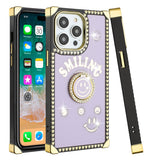 For Apple iPhone 14 PRO MAX 6.7" Passion Square Hearts Smiling Diamond Ring Stand Case Cover - Purple