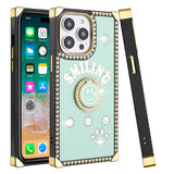 For iPhone 13 Pro Max Passion Square Hearts Smiling Diamond Ring Stand Case Cover - Teal