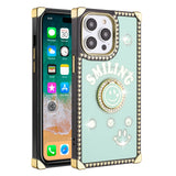 For Apple iPhone 14 PRO MAX 6.7" Passion Square Hearts Smiling Diamond Ring Stand Case Cover - Teal