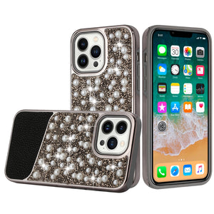 For Apple iPhone 14 PRO MAX 6.7" Pearl Diamond Glitter Hybrid Case Cover - Black