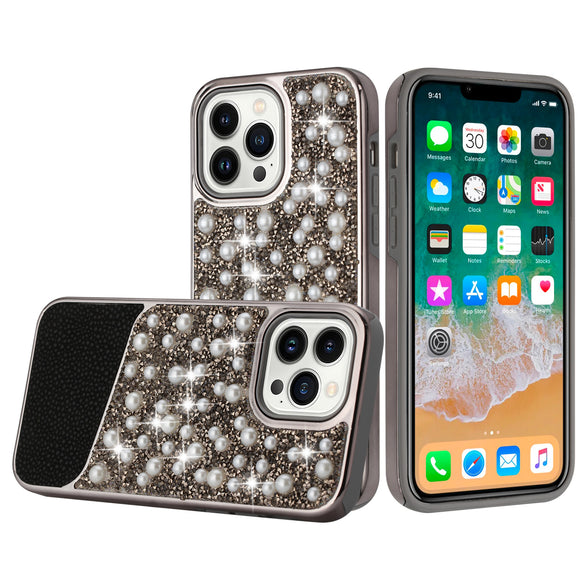 For iPhone 13 Pro Max Pearl Diamond Glitter Hybrid Case Cover - Black