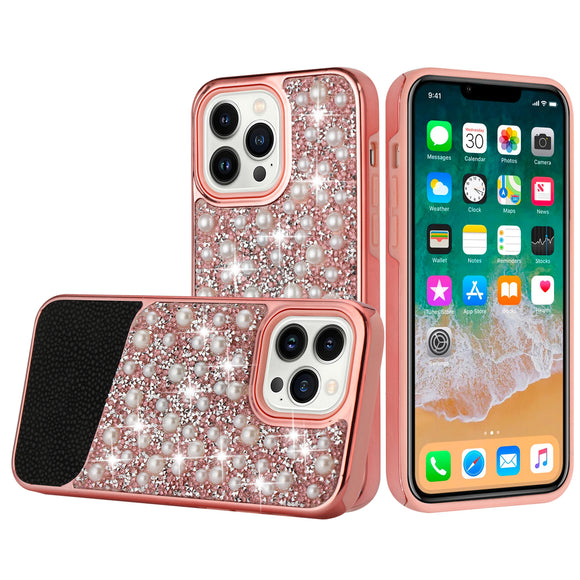 For iPhone 13 Pro Max Pearl Diamond Glitter Hybrid Case Cover - Pink