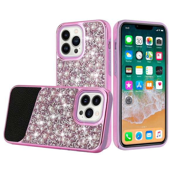 For iPhone 13 Pro Max Pearl Diamond Glitter Hybrid Case Cover - Purple
