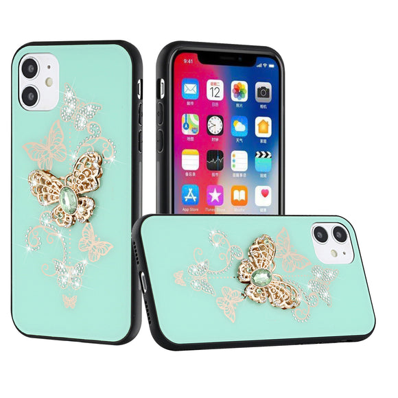 For Apple iPhone 11 Pro MAX (XI6.5) SPLENDID Diamond Glitter Ornaments Engraving Case Cover - Garden Butterflies Teal