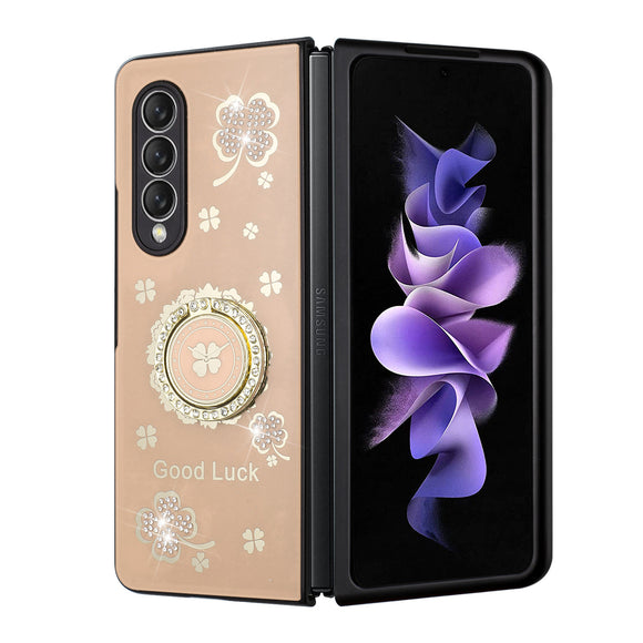 For Samsung Galaxy Z Fold 4 SPLENDID Diamond Glitter Ornaments Engraving Case Cover - Good Luck Floral Gold