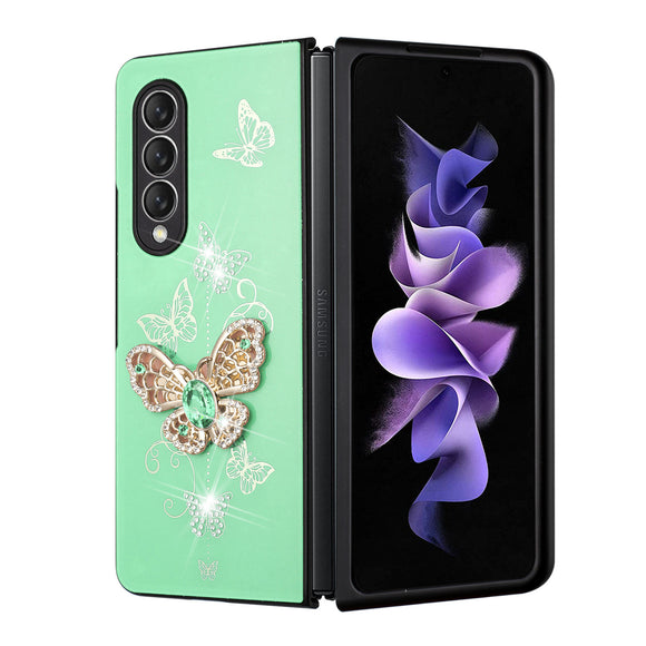 For Samsung Galaxy Z Fold3 5G SPLENDID Diamond Glitter Ornaments Engraving Case Cover - Garden Butterflies Teal