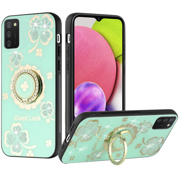 For Samsung Galaxy A03s SPLENDID Diamond Glitter Ornaments Engraving Case Cover - Flower Ring Teal