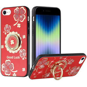 For Apple iPhone 14 PRO 6.1" SPLENDID Diamond Glitter Ornaments Engraving Case Cover - Good Luck Floral Red