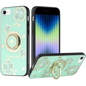 For Apple iPhone 14 PRO 6.1" SPLENDID Diamond Glitter Ornaments Engraving Case Cover - Good Luck Floral Teal