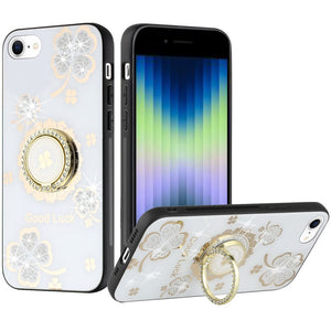For Apple iPhone 14 PRO MAX 6.7" SPLENDID Diamond Glitter Ornaments Engraving Case Cover - Good Luck Floral White