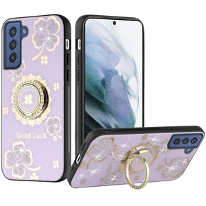 For Samsung Galaxy S22 SPLENDID Diamond Glitter Ornaments Engraving Case Cover - Good Luck Floral Purple
