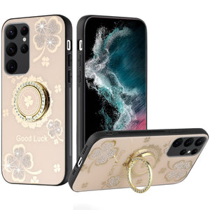 For Samsung S23 Plus SPLENDID Diamond Glitter Ornaments Engraving Case Cover - Good Luck Floral Gold